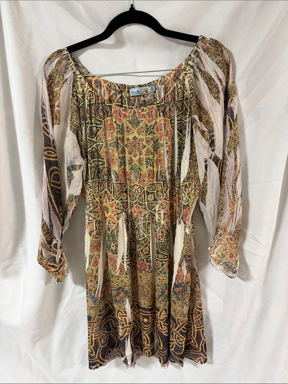 Unity World Wear Long Sleeve Boho Patchwork Dress in Brown and Cream